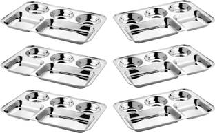 LIMETRO STEEL Stainless Steel Rectangular Bhojan / Lunch / Dinner Set Sectioned Plate