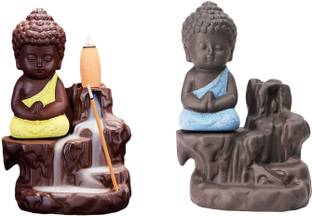 Shopozo Handcrafted Set of 2 Meditating Little Baby Monk Buddha Smoke Backflow Cone Incense Holder With 30 Incense Cones Decorative Showpiece Decorative Showpiece  -  13 cm