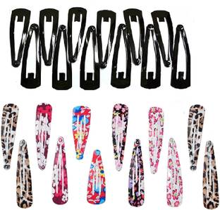 FOK Set of 24 Pcs Tik Tak Hair Pins (6 Pairs-5.6cm of Black and 6 Pairs-5cm of Printed Random color) Premium Metal Triangular Tik Tak Hair Pins or Clips Hair Accessories for Girls and Women Tic Tac Clip