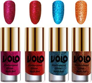 Volo Professionally Used Glitter Shine Nail Polish Combo Pack of 4 Combo-No-221 Magenta Glitter, Light Orange Glitter, Red Glitter, Sky Blue Glitter