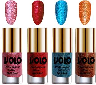 Volo Professionally Used Glitter Shine Nail Polish Combo Pack of 4 Combo-No-321 Pink Glitter, Light Orange Glitter, Red Glitter, Sky Blue Glitter