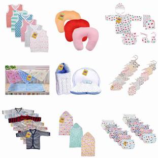 फरेटो New Born Baby Combo Pack Of 9 Daily Needs Items In A Single Packet/6 Vest/3 Pillows/1 Baby Suit/4 Sheets/1 Mosquito Net/1 Sleeping Bag/6 Pair Of Socks & Mittens/6 Shirts/3 Blankets/12 Nappies(0-6 Months)