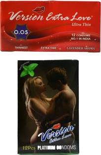 Version Male Condom Extra Love Ultra Thin 0.05 Lavender Flavor and Multi-Textured Mint Combo 2 Packets (24Pcs) Condom