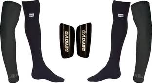 DENOVO Ultimate Protection (One Pair Large Shin Guard + One Pair Lycra Plain Knee Length Football Socks + One Pair UV Protection Arm Sleeves) Football Kit
