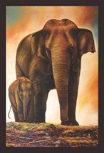 Mad Masters Mad Masters A family elephant painting on High thickness glossy sheetPaper 1 Piece wooden framed painting |Wall Art | Home Décor | Painting Art | Unique Design | Attractive Frames Digital Reprint 12 inch x 18 inch Painting