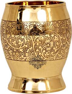IndianArtVilla Brass Glass,Embossed Flower Design,Tumbler Glass Water/Juice Glass