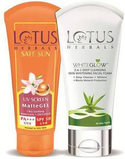 LOTUS HERBALS Safe Sun UV Screen MatteGel - SPF 50 PA+++ (100 g) And White Glow 3 in 1 Deep Cleansing Skin Whitening Facial Foam  (100 g Face Wash
