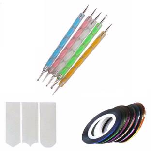 FOK Nail Art Combo 5pc Nail Art Pen Set,10 pc Stripping Roll Tape And A French Manicure Nail Art Tip Sticker