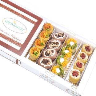 Ghasitaram Gifts Assorted Box of Anjeer Basket, Kesar Pista Delight, Choco Boat and Almond Basket Box