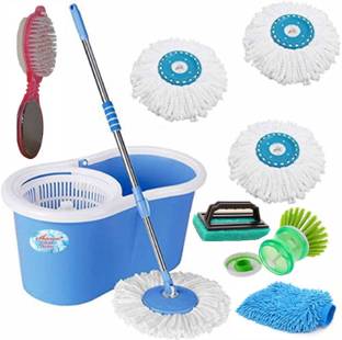 Shivonic ® Magic Dry Bucket Mop With 3 Refill And 1 Tile Brush 1 Washbasin Brush 1 Foot Care Brush 1 MIcrofiber Gloves Mop Set, Cleaning Brush, Glove, Scrub Pad