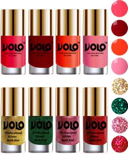 Volo Long Lasting Glitter and HD Shine Nail Polish Combo Sets Combo-No-49 Dark Green Glitter, Pink Glitter, Coral, Golden Glitter, Red, Carrot Red, Red Glitter, Light Pink