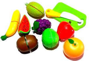 ओम Nawani Realistic Sliceable 8 Pic Fruits 1 Knife and Cutting Try Play Toy Set, Can Be Cut in 2 Parts, Assorted
