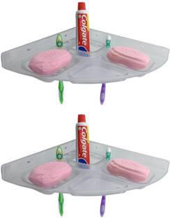 QTM 2 pieces Transparent Heavy Plastic Unbreakable Corner Soap Dish Tooth Brush Paste Holder Home Kitchen Acrylic Bathroom Accessories. Set of 2 Acrylic Wall Shelf