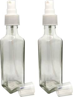 GIFTBASHINDIA Glass refillable and transperent Square Bottle with Spray Pump for Multi use, Set Of 2 Bottle