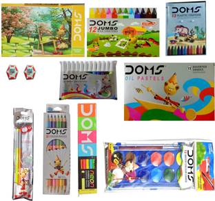 DOMS NEON RUBBER TIPPED PENCIL+NEON ERASER+DRAWING BOOK (PAINTING KIT)+12 SHADE WATER COLORCAKES+12 BICOLOUR PENCIL+12 OIL PASTELS+12 EXTRA LONG WAX CRAYONS+GLITTERS (6 SHADE)+PENCIL KIT+12 WATER COLOUR PENS