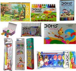 DOMS Y1 PENCIL+DUST FREE ERASER+DRAWING BOOK +12 SHADE WATER COLORCAKES+12 BICOLOUR PENCIL+12 OIL PASTELS+12 EXTRA LONG WAX CRAYONS+12 PLASTIC CRAYONS+PENCIL KIT+12 WATER COLOUR PENS