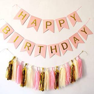 AMFIN Happy Birthday Banners with Pink Gold and White Tassel