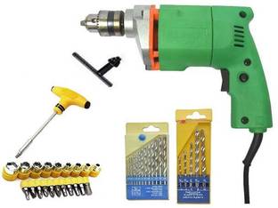 ALPHA ( I S C ) Heavy Duty Powerful 10mm Drill With 22Pcs Screw Driver Set + 13Pcs Hss Drill Bit Set + 5 Pcs Masonary Drill Bit Set Pistol Grip Drill