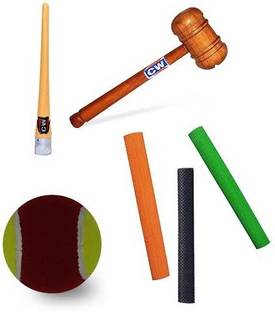 कव Combo Cricket Bat Wooden Mallet Hammer for Knocking to Improve Bat Three Bat Grip and One Cone Set With One Free Tennis Ball क्रिकेट किट