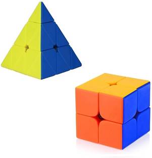 SANJARY good quality high speed pyramid triangle and 2x2 magic cube stricerless (multi-colour)