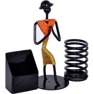 D&V ENGINEERING 2 Compartments IRON Pen,Pencil and Visiting card holder with attractive welcome gesture lady(orange & gold )