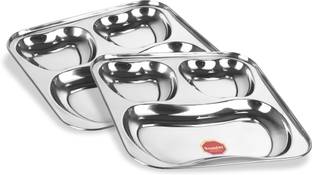 Sumeet Stainless Steel 3 in 1 Pav Bhaji Plate / Compartment Plate 24.5cm Dia - Set of 2 Pcs Sectioned Plate