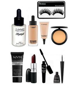 brutus Eyelashes , Mac Highlighter , Studio Waterproof Liquid Foundation , Select Cover Up , Compact , NYX Primer , Lipstick , Mascara , Eyeliner