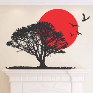 StickMe 100 cm Scenic Tree at Dark Night - Red and Black Combo Wall Sticker - SM 054 Self Adhesive Sticker