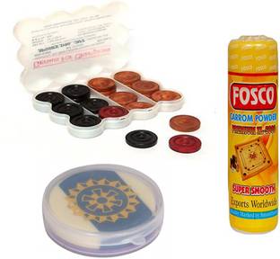 fosco Carrom Combo J - 250 gm Carrom Powder 1 Set Wooden Carrom-Men Coins & 1 Striker Carrom Pawns