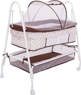 baybee Comfort Cradle Cot - New Born Baby Swing Cradle with Mosquito Net & Storage Space - Brown