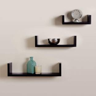Trustshoppee Wooden U Shape Floating Wall Rack Shelves Set of 3 Black MDF (Medium Density Fiber) Wall Shelf