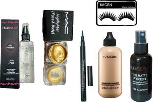 KACSN EYELASHES WITH HUDA MAKEUP FIXER & PRIMER, SKETCH EYELINER MAC FOUNDATION & HIGHLIGHTER MAKEUPKIT