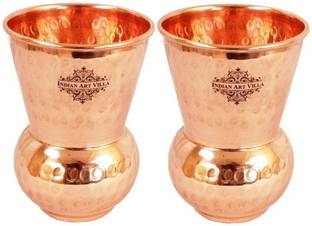 IndianArtVilla (Pack of 2) Copper Mathat Glass,Hammer Design,300 ml Each,Drinkware Glass Water/Juice Glass