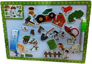 RVM Toys 3 in 1 Wooden Magnetic Puzzle White Board and Black Board with Chalk and Duster (Farm House)