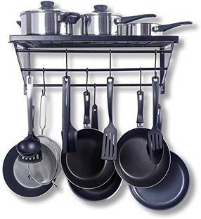 GEO FASHION Utensil Kitchen Rack Steel Geo Fashion ™ Kitchen Wall Pot Rack with Hooks Decorative Wall Mounted Storage Rack Multi-Purpose Shelf Organizer Great for Kitchen Cookware, Utensils, Pans, Books, Household Items,