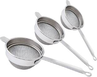 KUBER INDUSTRIES 3 Pieces Stainless Steel Double Mesh Tea Strainer Chalni 8,9,10 cm Diameter (Silver) Tea Strainer