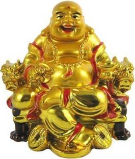 Atharv Enterprises laughing buddha on chair with ingot and money coin Decorative Showpiece  -  6 cm