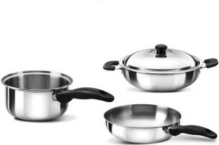 ANJALI Stainless Steel Cookware Set with Flat Bottom, 3 Pieces Induction Bottom Non-Stick Coated Cookware Set
