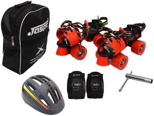 Jaspo Red Adjustable Senior Roller Skates Combo Suitable for Age Group 6 to 14 Years (Skates+ Helmet + Knee Guard+ Bag+Key) Skating Kit