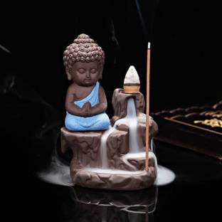 AapnoCrafts Maditating Monk Buddha Smoke Back flow Cone Incense Holder- With 10 Free Incence Cones Decorative Showpiece  -  12 cm