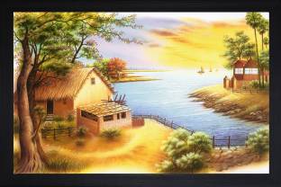 saf Rajsthani Village Large Synthetic Framed UV Digital Reprint 14 inch x 20 inch Painting