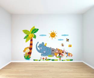 rawpockets 1 cm Wall Decals ' Wild animals Playing 'Wall Stickers |PVC Vinyl | Multicolour Self Adhesive Sticker