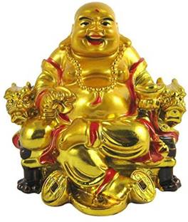 Pure Life FENG SHUI VASTU RELIGIOUS GOLDEN LAUGHING BUDDHA SITTING ON DRAGON CHAIR WITH COIN FOR PROSPERITY LUCK AND WEALTH HOME PROTECTION Decorative Showpiece  -  7.5 cm