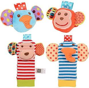 ThinkMax ThinkMax Baby Rattle, 4PCS Baby Wrist Rattle and Foot Rattles Finder Socks Set, Developmental Soft Animal Rattles Infant Baby Toys (Monkey and Elephant)