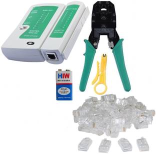 GADGET DEALS Combo of 3-in-1 Modular Rj45 Rj11 Crimping Tool, Network Lan Cable Tester, 6F22 9V Battery and Box of 100 Pieces Rj45 Connector Manual Crimper