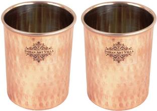 IndianArtVilla (Pack of 2) Set of 2 Steel Copper Flat Hammered Glass Glass Set Water/Juice Glass