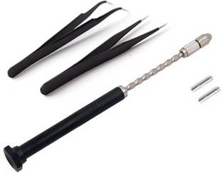 ISC Mini Manual Spiral Push Hand Drill With 2 Pcs Tweezers DIY Craft Model Making Tool Combo Combo Rotary Bit Set