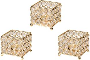 Being Nawab Golden Square Trio Iron, Crystal 3 - Cup Tealight Holder Set