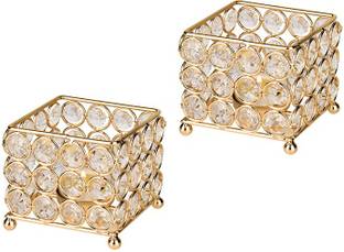 Being Nawab Golden Square Duo Iron, Crystal 2 - Cup Tealight Holder Set