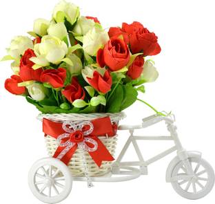 ME&YOU Red, White, Green Rose Artificial Flower  with Pot